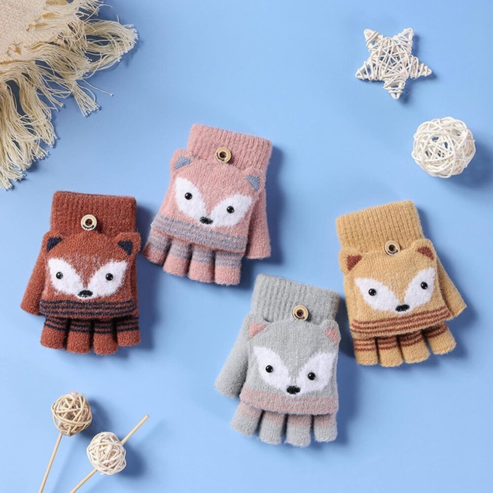 Cartoon Convertible Flip Top Gloves Toddler Kids Winter Wool Knit Fingerless Glo - Picture 3 of 7
